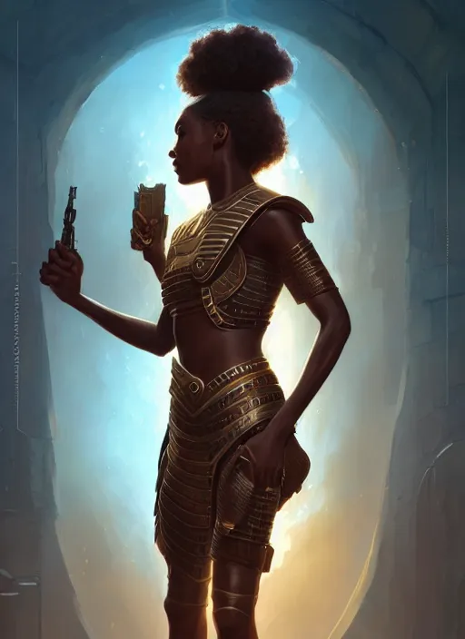 Image similar to highly detailed portrait of protagonist from futuristic movie, brown skin, egyptian design, adventure game, d & d, fantasy art by greg rutkowski, stanley artgerm, loish, rhads, tom bagshaw, global illumination, radiant light, detailed and intricate environment