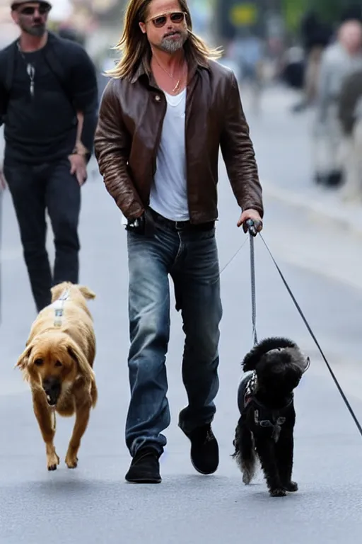 Prompt: brad pitt taking his pet human for a walk down the street, 8 k, award winning photograph, portrait, detailed face, highly - detailed