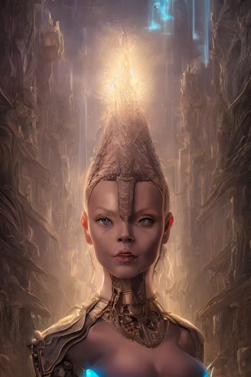 Image similar to portrait of a beautiful female hybrid cybernetic atlantean anubis elsa jean alien warrior, regal, realistic, refined, detailed, digital art, jessica rossier, michael cheval, esao andrews, steampunk, walt disney ( 1 9 3 7 ), francois boucher, oil painting, highly detailed, cinematic lighting, unreal engine, 8 k, hd