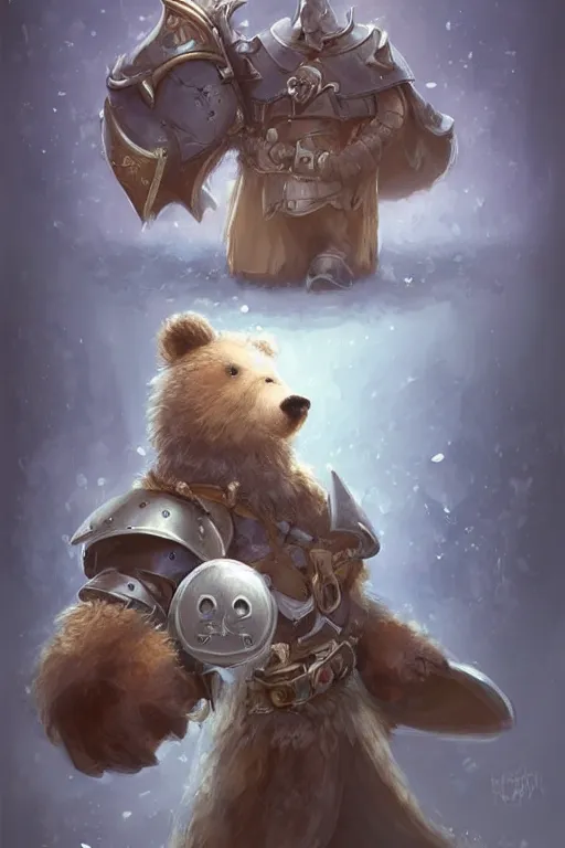 Image similar to cute little anthropomorphic bear knight wearing a cape and a crown, tiny, small, miniature bear, baby animal, short, pale blue armor, cute and adorable, pretty, beautiful, DnD character art portrait, matte fantasy painting, DeviantArt Artstation, by Jason Felix by Steve Argyle by Tyler Jacobson by Peter Mohrbacher, cinematic lighting