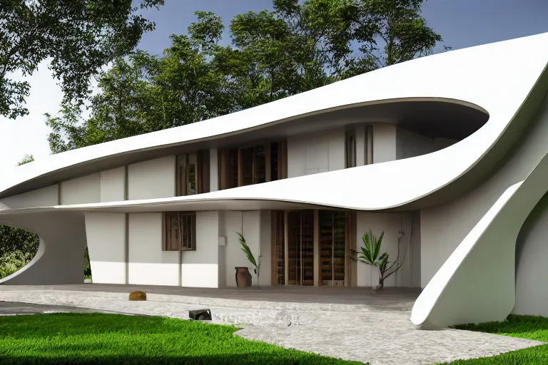 Prompt: a futuristic assam type house designed by calatrava, bamboo design, realist, render, 8 k