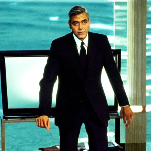 Prompt: George Clooney showing white blueprint on a tv screen, movie Ocean Eleven scene, cinematic, highly detailed