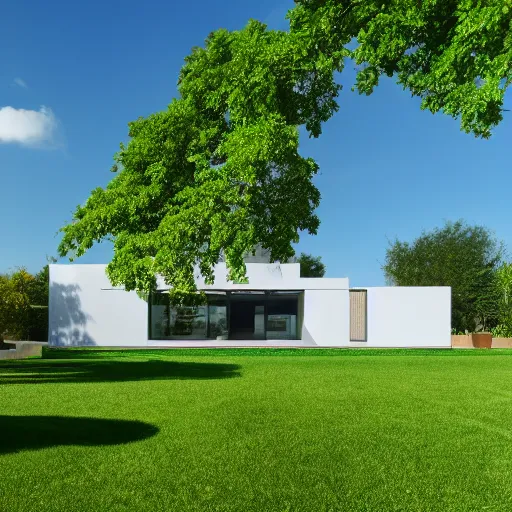 Image similar to house futurist, green yard, deep, blue sky with few white cloud, focus on the house