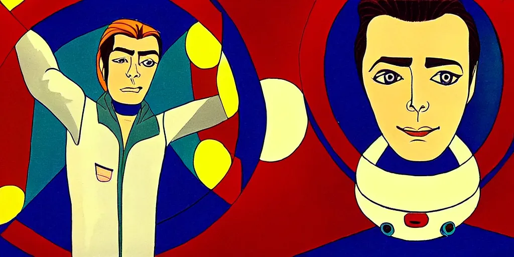 Image similar to traditional drawn colorful animation a symmetrical portrait of lonely single Alain Delon alone from 1980 80s pilot in posing in spaceship station planet captain bridge outer worlds robots extraterrestrial hyper contrast well drawn in Jean Henri Gaston Giraud animation film The Masters of Time FANTASTIC PLANET La planète sauvage animation by René Laloux