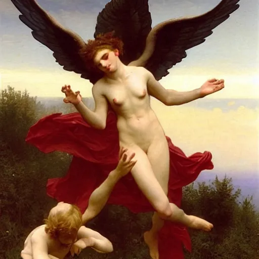 Image similar to an oil painting of an epic angel flying, by Bouguereau, highly detailed and intricate,