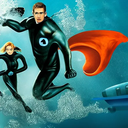 Image similar to fantastic four underwater, submarine in the background