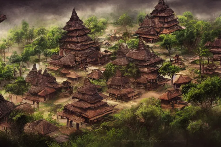Image similar to a hyperrealistic fantasy illustration of ancient Javanese village. Trending on ArtStation. In the style of Jason Chan and Tuomas Korpi.