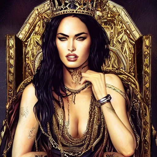 Image similar to a queen is sitting on her throne dressed in chains, looks like megan fox, beautiful highly detailed face, complementary lighting, backlit, black eyeshadow, grinning, adventure, dramatic lighting, landscape background, beautiful painting by artgerm and greg rutkowski and raymond swanland