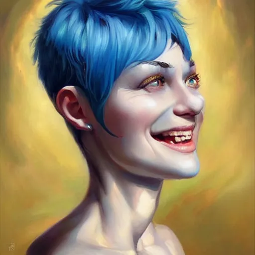 Prompt: a beautiful painting of a smiling woman with stylish short blue hair and sparkling blue eyes representative of the art style of artgerm and wlop and peter mohrbacher, portrait, mischievous grin