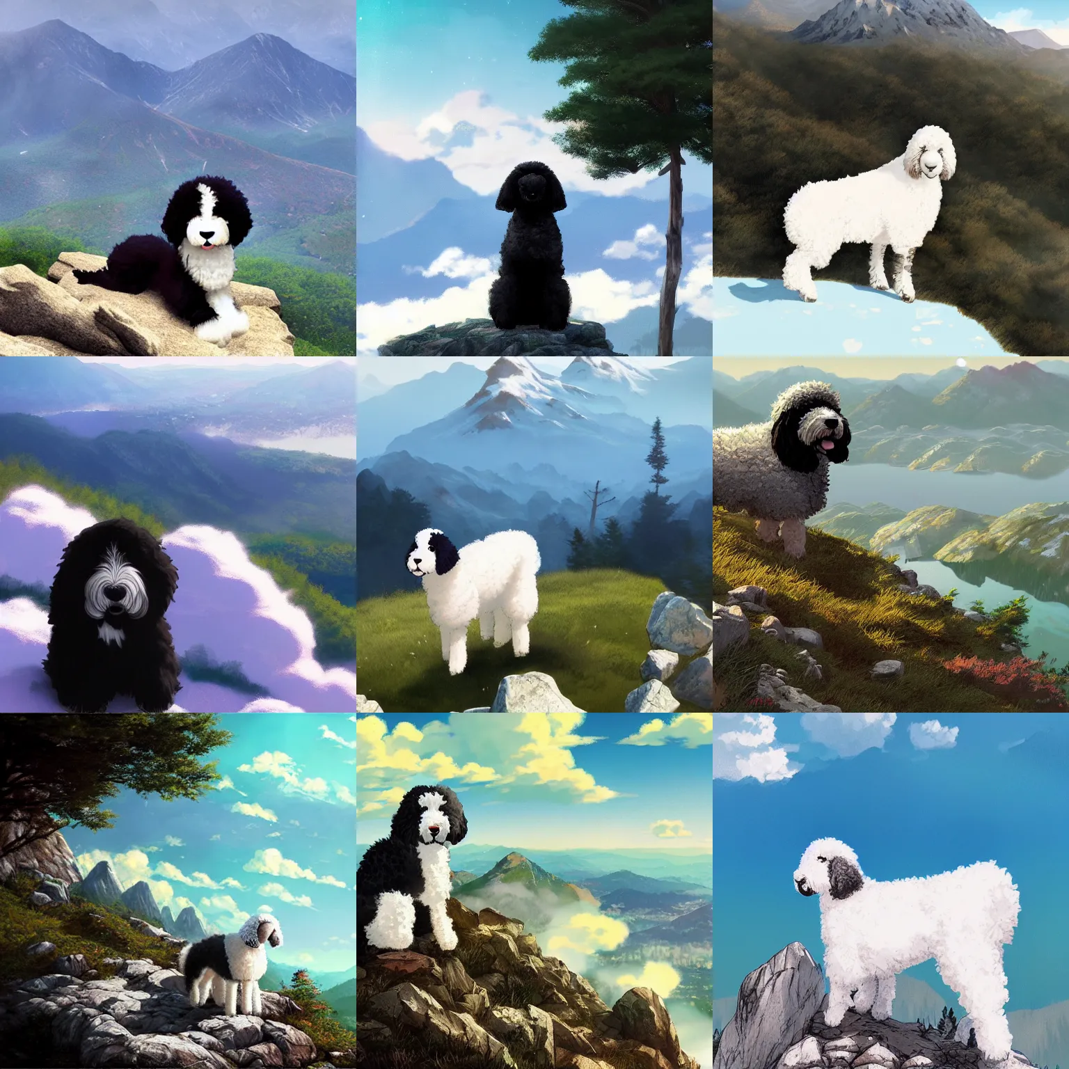 Prompt: sheepadoodle atop a mountain, by makoto shinkai