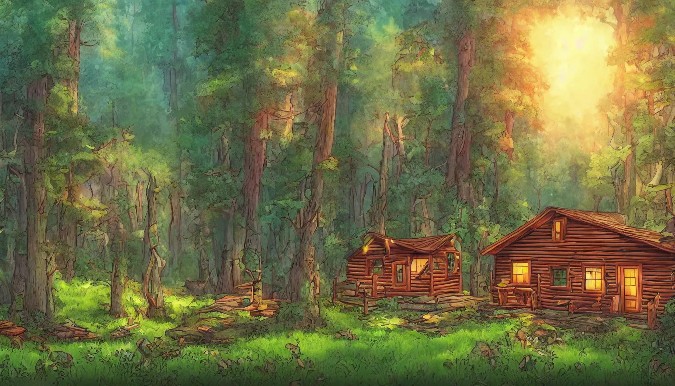 Image similar to a clearing in a forest with a cabin, Disney cartoon, animation, high detail, colorful