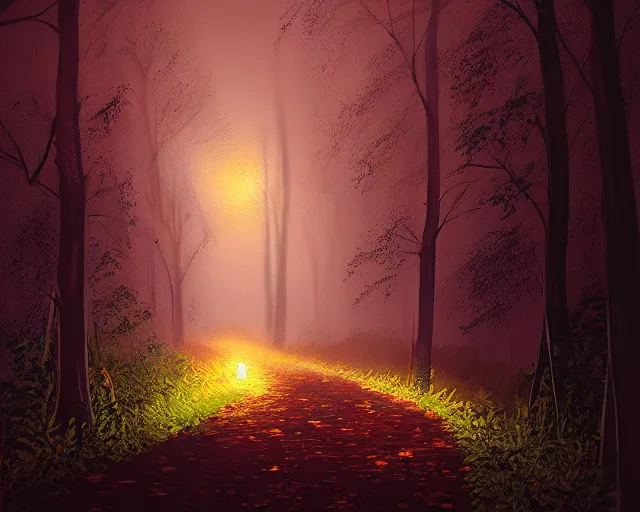 Image similar to haunting wooded trail at night with twisting trees and dim glowing torches, cobblestone trail, makoto shinkai, alena aenami, photorealism