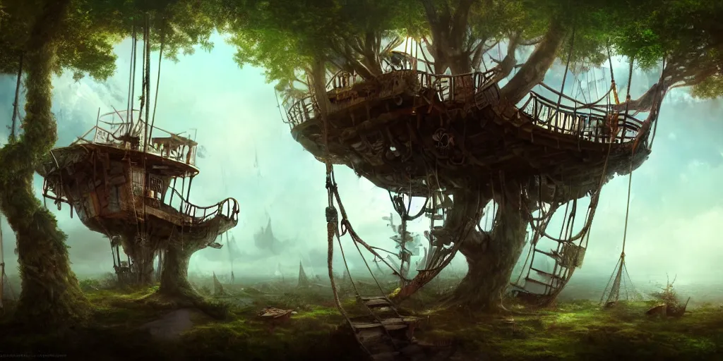 Prompt: A treehouse made out of a derelict pirate ship, torn sails, cargo net, crows nest, the treetops of giant oaks, game art matte painting hyperdetailed, artstation, cgsociety, 8k, surreal dream landscape