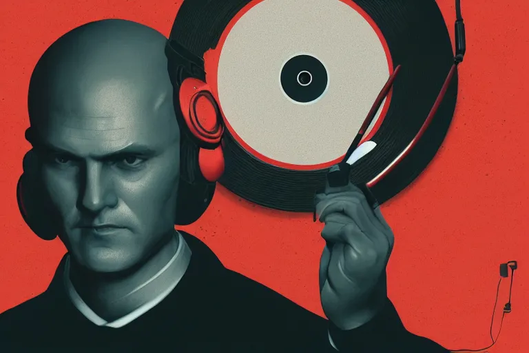 Image similar to a portrait of agent 4 7 from hitman wearing headphones and putting a vinyl record onto a turntable, dark background, red rim light, digital art, artstation, concept art by giger stalenhag