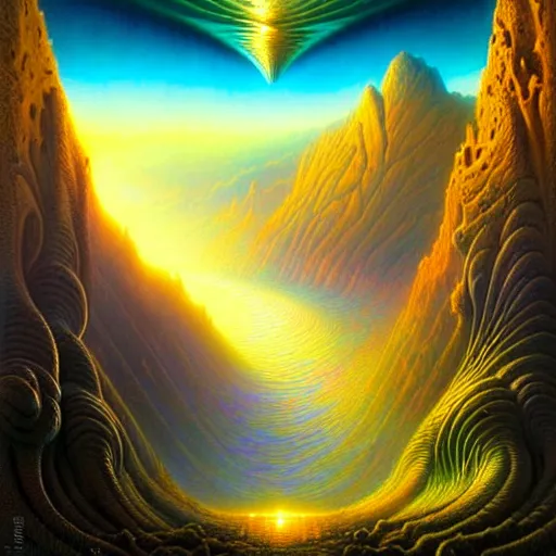 Prompt: of an impossible landscape with a infinite multi dimension portal, spaceship bending spacetime with a beautiful ultra detailed matte painting a lush mountain range at dusk by tomasz alen kopera and Justin Gerard and Dan Mumford, tarot card, dazzling energy, ultra wide angle shot, high angle shot, intricate, fractal magic, rays of god, hyperdetailed, micro details, volumetric lighting, 8k, ray tracing, polarized lens