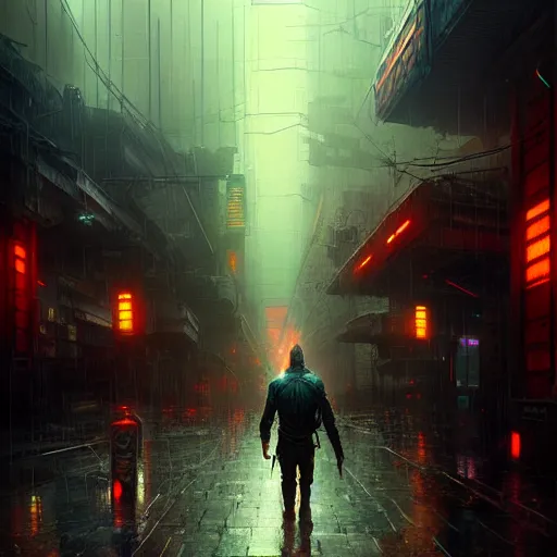 Image similar to an exhausted warrior walks from left to right a lost cyberpunk city, rainy day, radiant light, digital painting, art station, by les edwards, by greg rutkowski