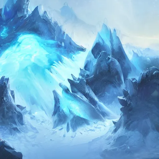 Prompt: blue glacier volcano eruption, blue glacier volcano eruption, blue liquid and snow, blue glacier volcano eruption, snow dust everywhere, snow army battlefield, ice cold blue theme, bright masterpiece artstation. 8 k, sharp high quality artwork in style of jose daniel cabrera pena and greg rutkowski, concept art by tooth wu, blizzard warcraft artwork, hearthstone card game artwork