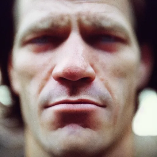 Image similar to A close-up of John face, captured in low light with a soft focus. There is a gentle green hue to the image, and the John cena’s features are lightly blurred. Cinestill 800t