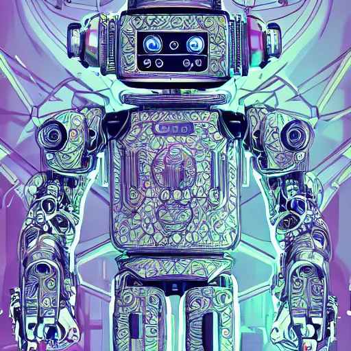 Image similar to a robot with a beautiful mind, an ultrafine detailed illustration by james jean, final fantasy, intricate linework, bright colors, behance contest winner, vanitas, angular, altermodern, unreal engine 5 highly rendered, global illumination, radiant light, detailed and intricate environment