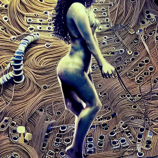 Image similar to give me a higher love, piles of modular synth cables, kawaii puerto rican goddess swimming up wearing a headpiece made of circuit boards, by cameron gray, wlop, stanley kubrick, masamune, hideki anno, jamie hewlett, unique perspective, trending on artstation, 3 d render, vivid