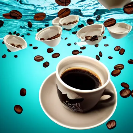Prompt: polka dotted coffee maker in a shape of a segull underwater with coffee cups