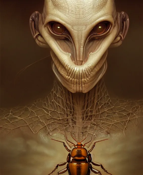 Image similar to intricate earth - toned portrait of a disturbing terrifying alien insect creature, mottling coloring, adorable, childlike, medical equipment hospital environment, ultra realistic, concept art, art nouveau, photorealistic, octane render, 8 k, unreal engine. art by christopher marley and artgerm and greg rutkowski and alphonse mucha