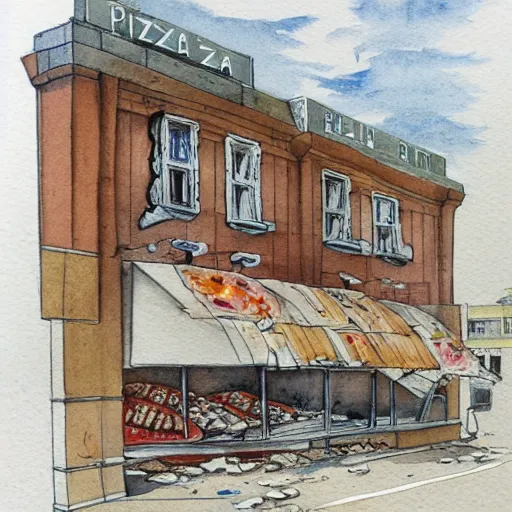 Image similar to watercolour drawing of pizza restaurant crumbling to the ground, beautiful award winning artistic talent, trending on artstation