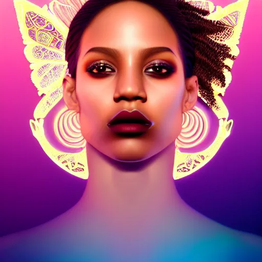 Prompt: modern portrait of fairy goddess, zoom, rule of thirds, atmosphere, intricate, regal, latinas, ( brown skin ), symmetrical!!, loreal, maybelline, sephora, loreal, artstation, art by gonzalo ordonez arias, moody, ( ( cinematic ) ) concept art, filmic, vsco