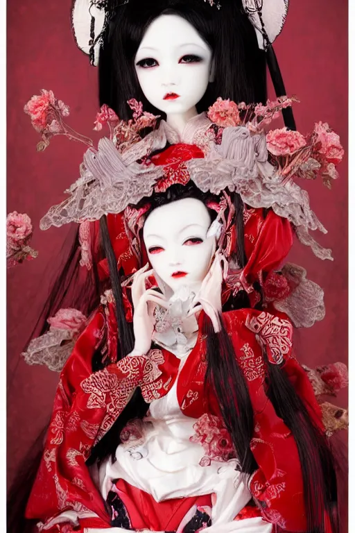 Image similar to album cover of an avant - garde japanese bjd geisha vampire queen with porcelain skin in victorian red dress in the style of dark - fantasy lolita fashion painted by yoshitaka amano, takato yamamoto, christopher shy, dmt art, symmetrical vogue face portrait, intricate detail, artstation, cgsociety, artgerm, gold skulls, rococo