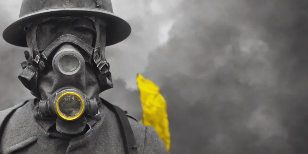 Prompt: wwi soldier wearing a gas mask, no man's land, yellow gas, cinematic, blue and yellow tones, atmospheric, anamorphic lens, shot on arri alexa