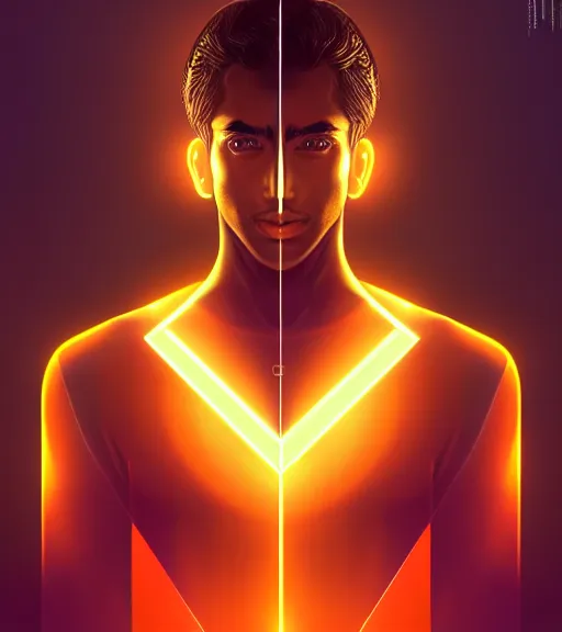 Image similar to symmetry!! indian prince of technology, solid cube of light, hard edges, product render retro - futuristic poster scifi, lasers and neon circuits, brown skin handsome indian prince, intricate, elegant, highly detailed, digital painting, artstation, concept art, smooth, sharp focus, illustration, dreamlike, art by artgerm