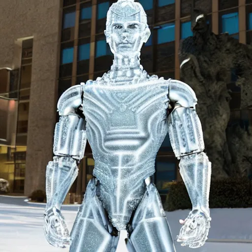 Image similar to made of ice, a realistic detailed photo of a guy who is an attractive humanoid who is half robot and half humanoid, who is a male android, on display, blank stare, showing off his muscles, shiny skin, posing like a statue, by the pool, frozen ice statue, twitch streamer / gamer ludwig, humanoid robot