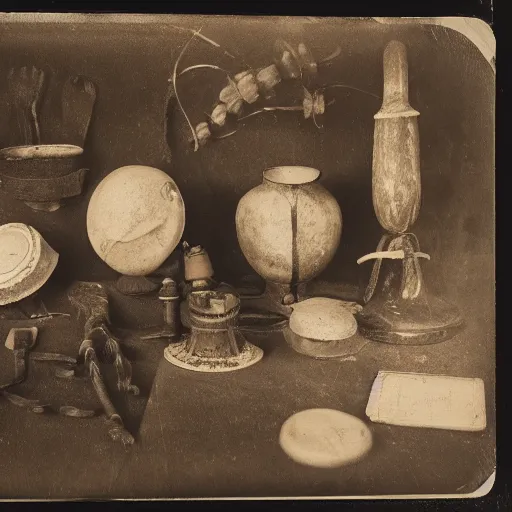 Image similar to Tintype photograph of primitive objects displayed in an ethnographic museum, archive material, anthropology,in the style of Marcel Duchamp, found objects, ready-made, 1920s studio lighting.