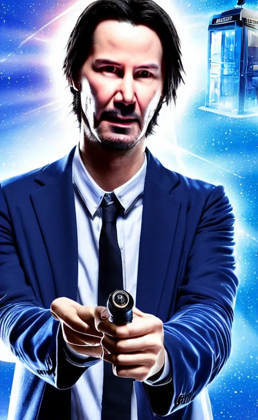 Image similar to portrait of Keanu reeves as 10th Doctor Who in the TARDIS with sonic screwdriver, Photo, High details, 8k, DSLR, long shot