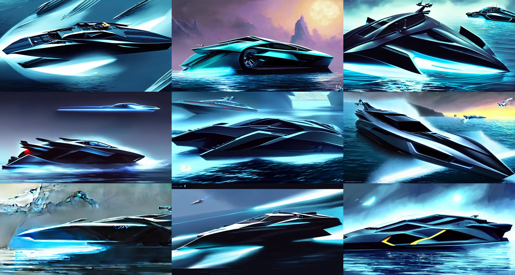 Image similar to a speedy lamborghini yacht , concept boat, ultra realistic, sci-fi, fantasy, intricate, highly detailed, digital painting, artstation, CGSociety, glow lighting, concept art, smooth, sharp focus, illustration, art by greg rutkowski and syd mead