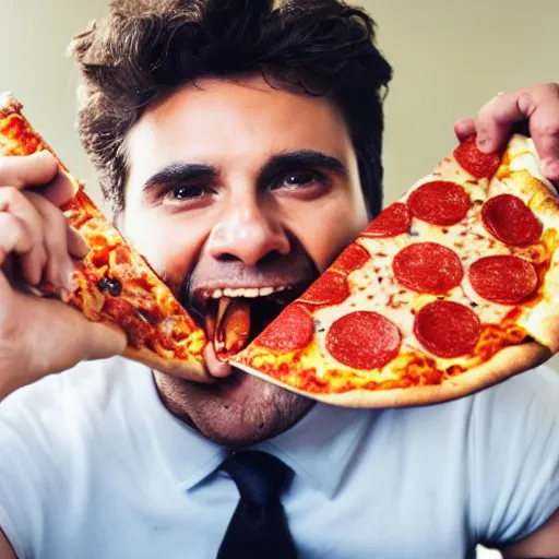 Prompt: happy man eating pizza