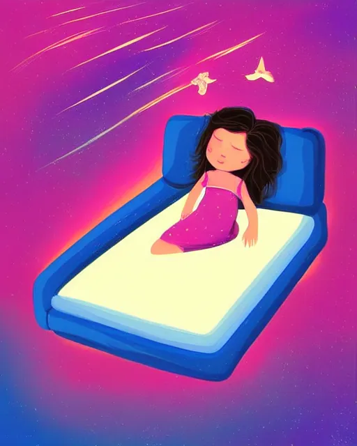 Image similar to beautiful painting of little girl sleeping on her flying bed, art by petros afshar, sky night, illustration, highly detailed, simple, smooth and clean vector curves, no jagged lines, vector art, smooth, artstation