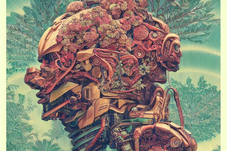 Image similar to gigantic mecha head, a lot of exotic vegetation, trees, flowers by moebius, dull colors, junji ito, tristan eaton, victo ngai, artgerm, rhads, ross draws, hyperrealism, intricate detailed, risograph