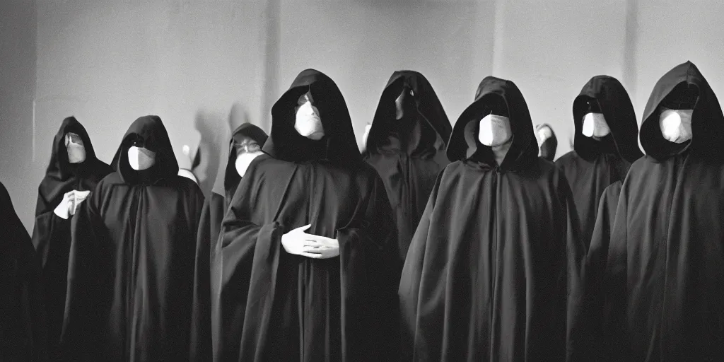 Prompt: black robed and hooded people stand around in a circle calling forth an eldritch horror, old film, 35mm film, found film, scary, ominous, frightening, ghastly, photorealistic