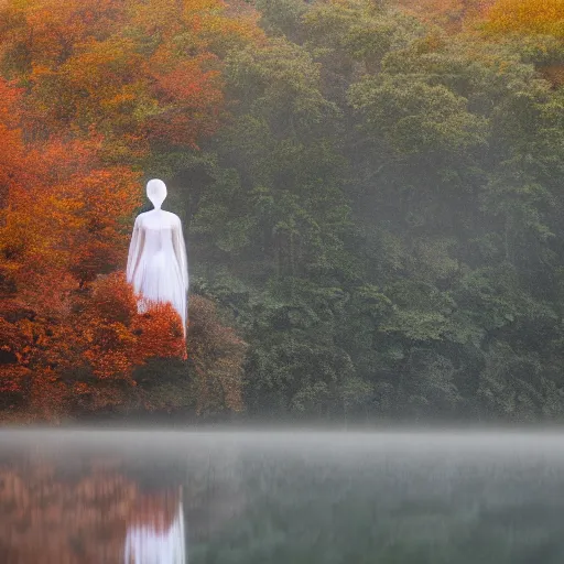 Image similar to a ghostly woman in a white dress rising from a misty lake dripping wet, high resolution photograph, autumn, sunrise, eerie light