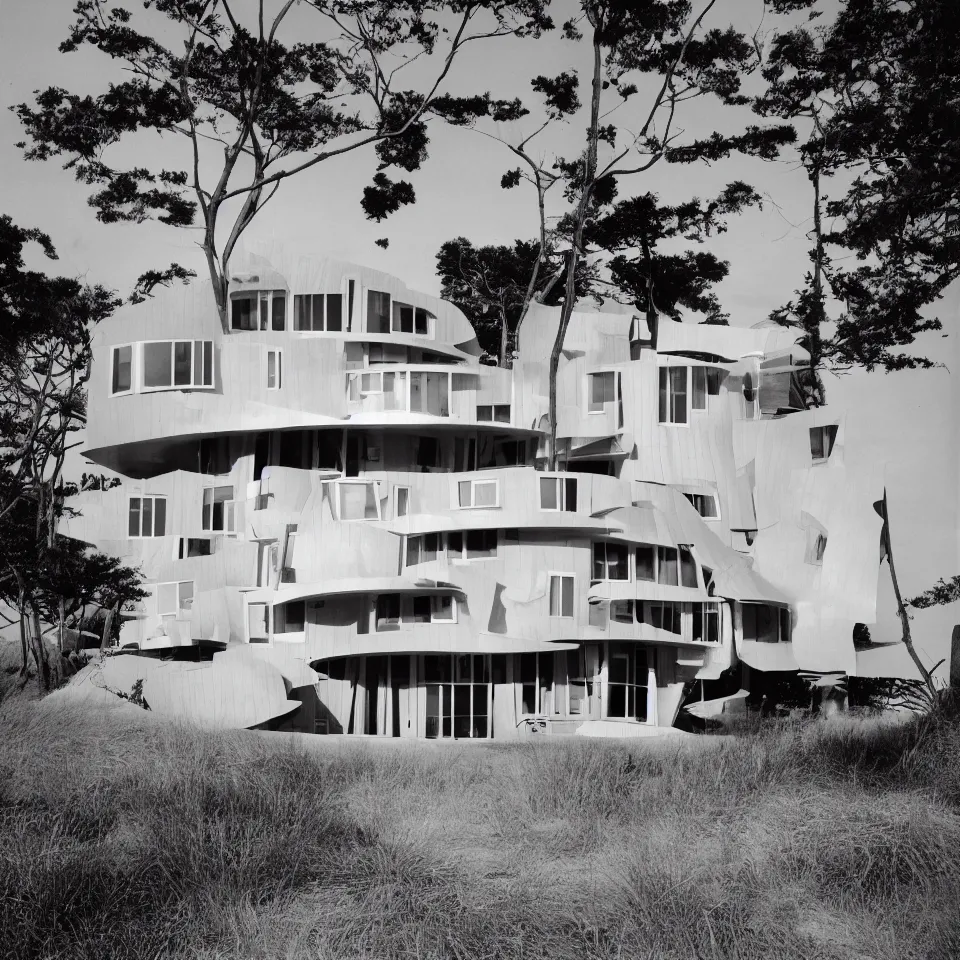 Image similar to architecture ad for a small mid-century modern house on the beach, designed by Frank Gehry. Film grain, cinematic, yellow hue