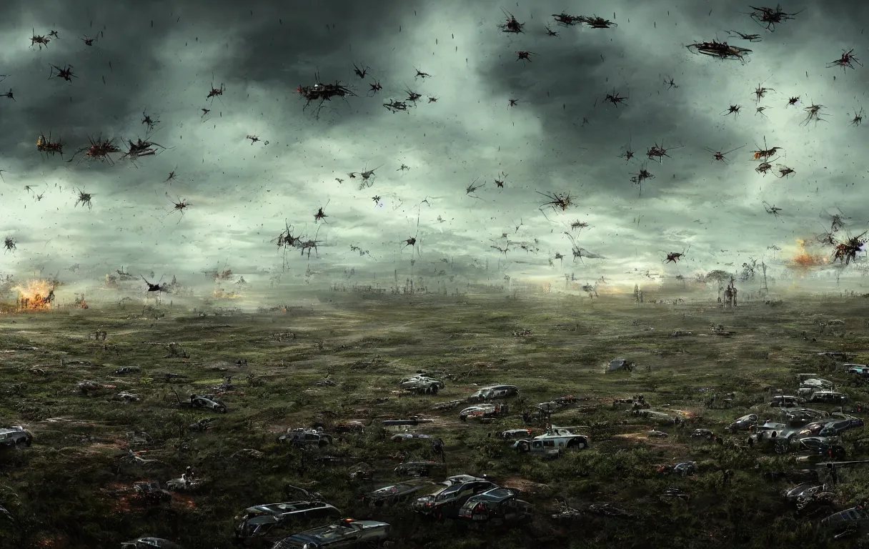 Image similar to view on wide battleground destructed landscape, with army of monstrous insects fighting futuristic human army, night, heavy rain, reflections, render and lighting by weta digital, ilm and digital domain