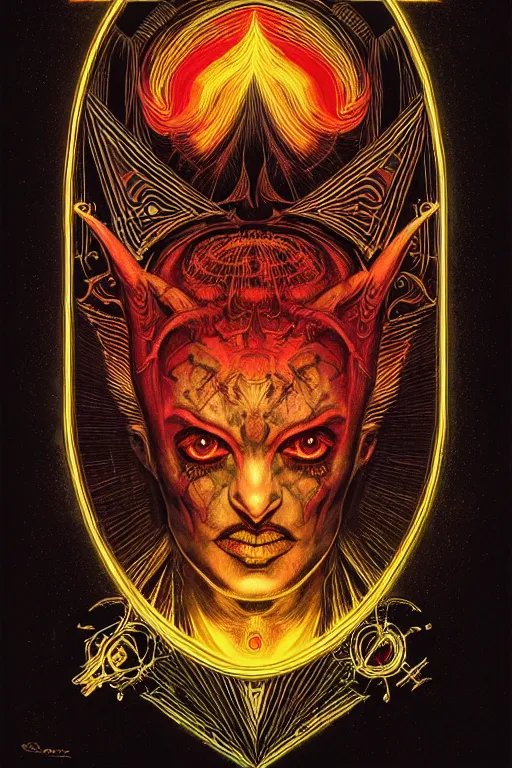 Image similar to the devil, full of color on black paper, symmetrical, forsaken spirits, golden ratio, elements, gold, neon, baroque, rococco, tarot card with ornate border frame, marc simonetti, paul pope, peter Mohrbacher, detailed, occult symbols, satanic ink illustration, by Charles Wess, Jeffrey Jones dynamic lighting