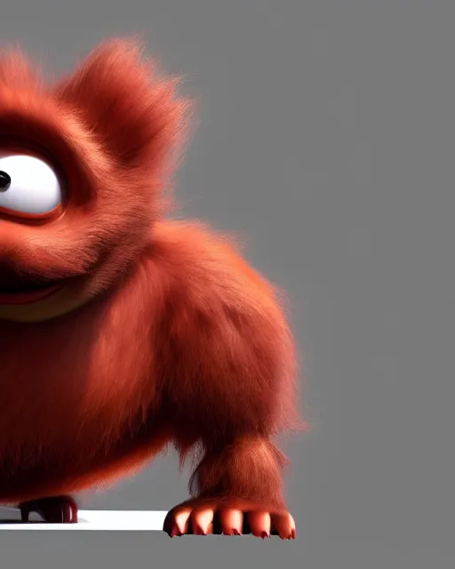 Prompt: 3 d render of completely red hairy friendly antropomorphic robust creature wearing chrome shades, without nose, full body, in the style of pixar, white background, unreal engine 5, octane render, highly detailed hdr