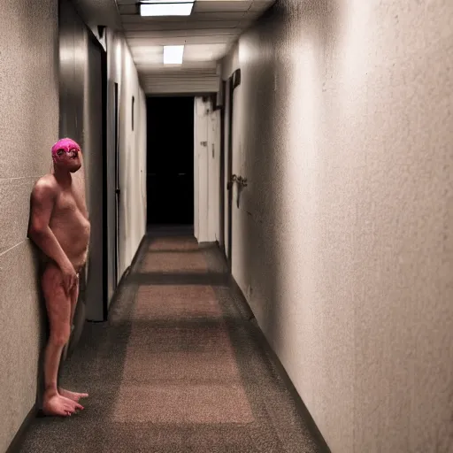 Image similar to pigman stands next to an ordinary person in the hall, photo in color, photo in 4 k