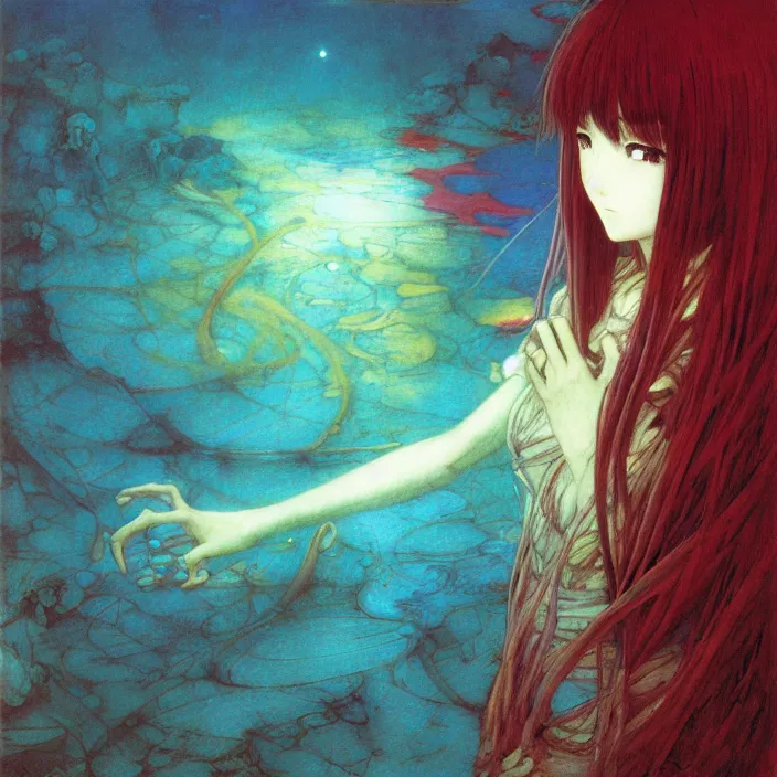 Image similar to mamimi samejima, psychedelic background, female anime character, Lain, uwu, uwu, Luminism Romanticism by John William Waterhouse Beksinski Finnian MacManus Ruan Jia, uwu Hi-Fructose, Artstation, HD, HDR, High Resolution, 1024x1024, technological rings, giygas, demon souls, bloodborne boss