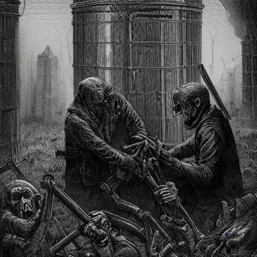 Image similar to nine steel barrels in a graveyard with 2 zombies, creepy atmosphere, dark, portrait, realistic, very realistic, illustration by gustave dore
