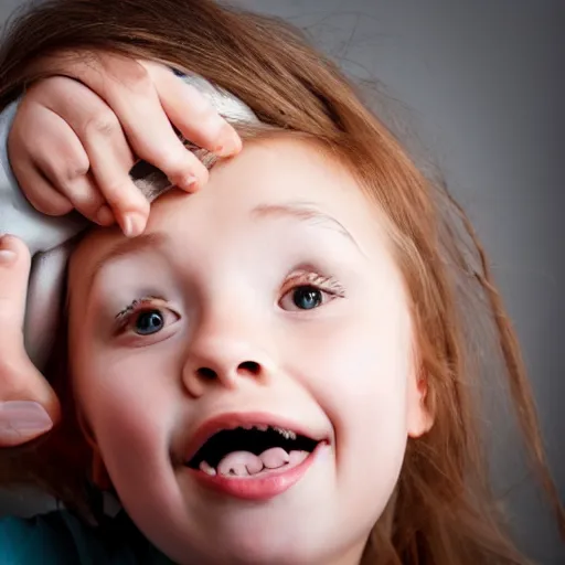 Prompt: Girl with a derpy face holding a maclunky to her ear.