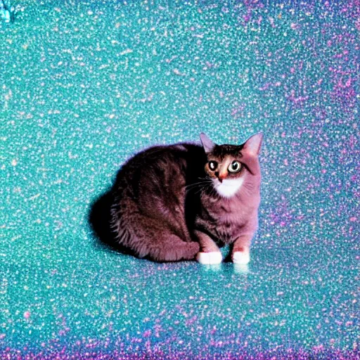 Image similar to a photo of a cat in a cloud of glitter, duochrome, calcium sodium borosilicate, f 1. 4