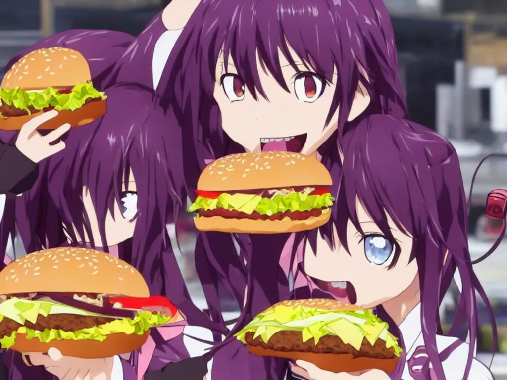 Image similar to yuuki konno from sword art online eating a big burger and being happy, purple hair, High Definition detail, 8K, anime